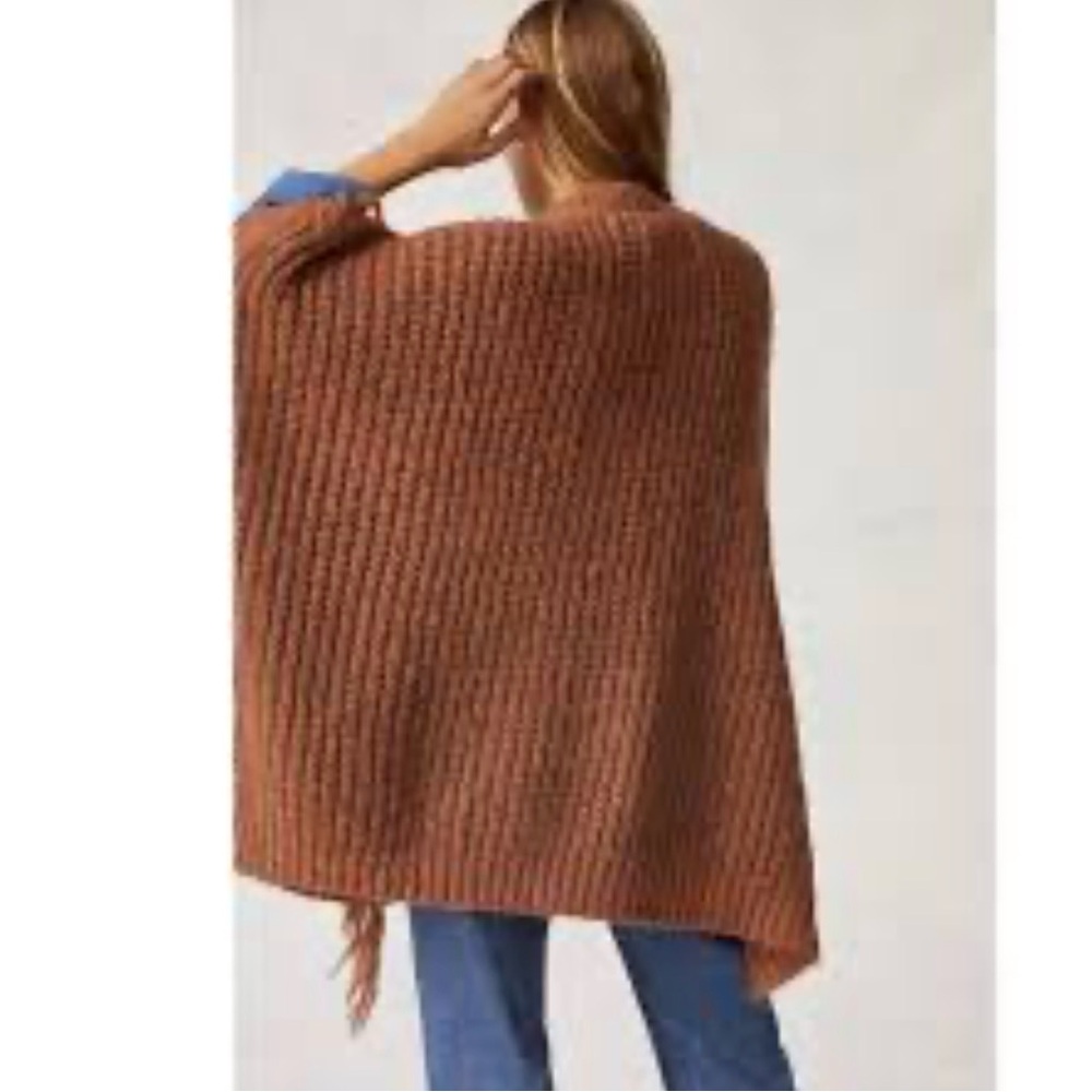 Anthropologie Rust-Brown Cable Fringe Poncho - Picture 3 of 6